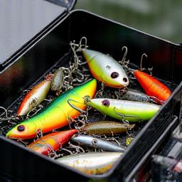 Open tackle box showing colorful fishing lures