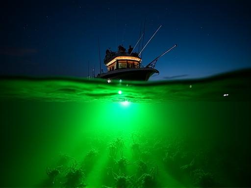 Night fishing setup with bright green lights attracting squid to the AquaGlimmer boat